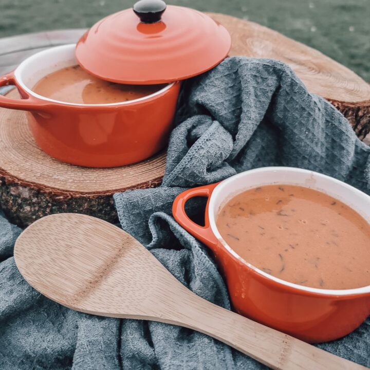 creamy tomato soup recipe on table