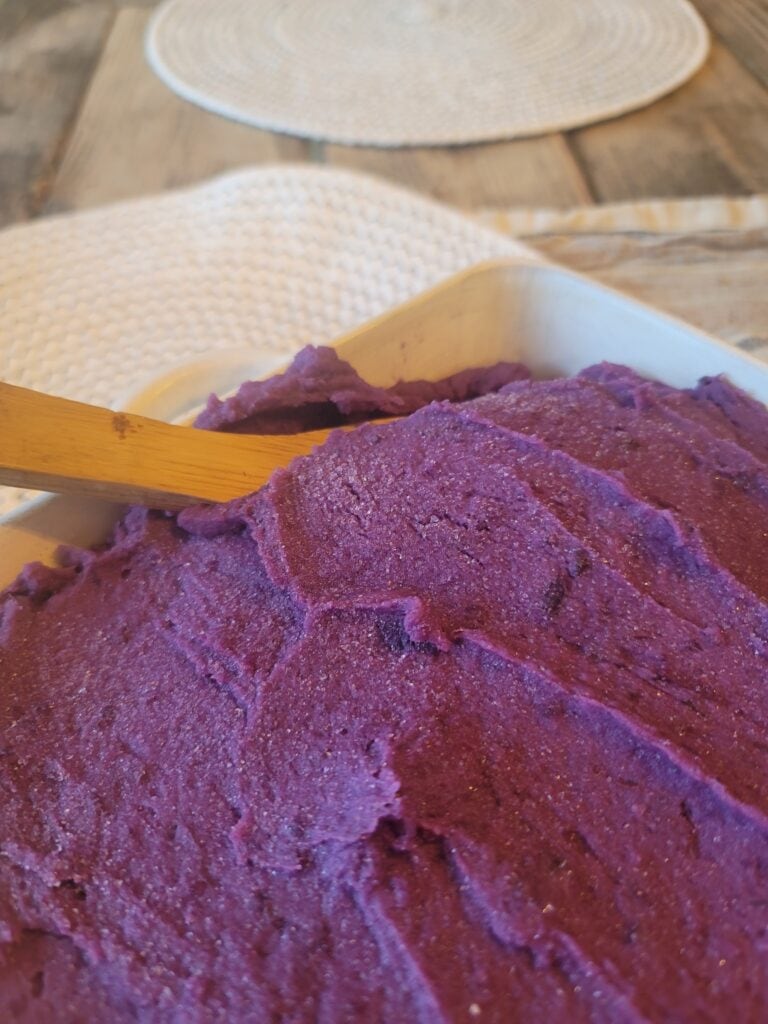 spread out in serving dish purple mashed potatoes 