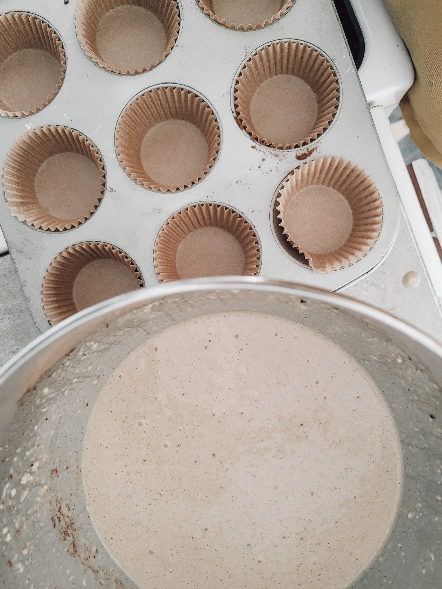 Sourdough Cinnamon muffins. Spoon batter into muffin cupcakes/muffin liners. Only fill ¾ of the way full. 