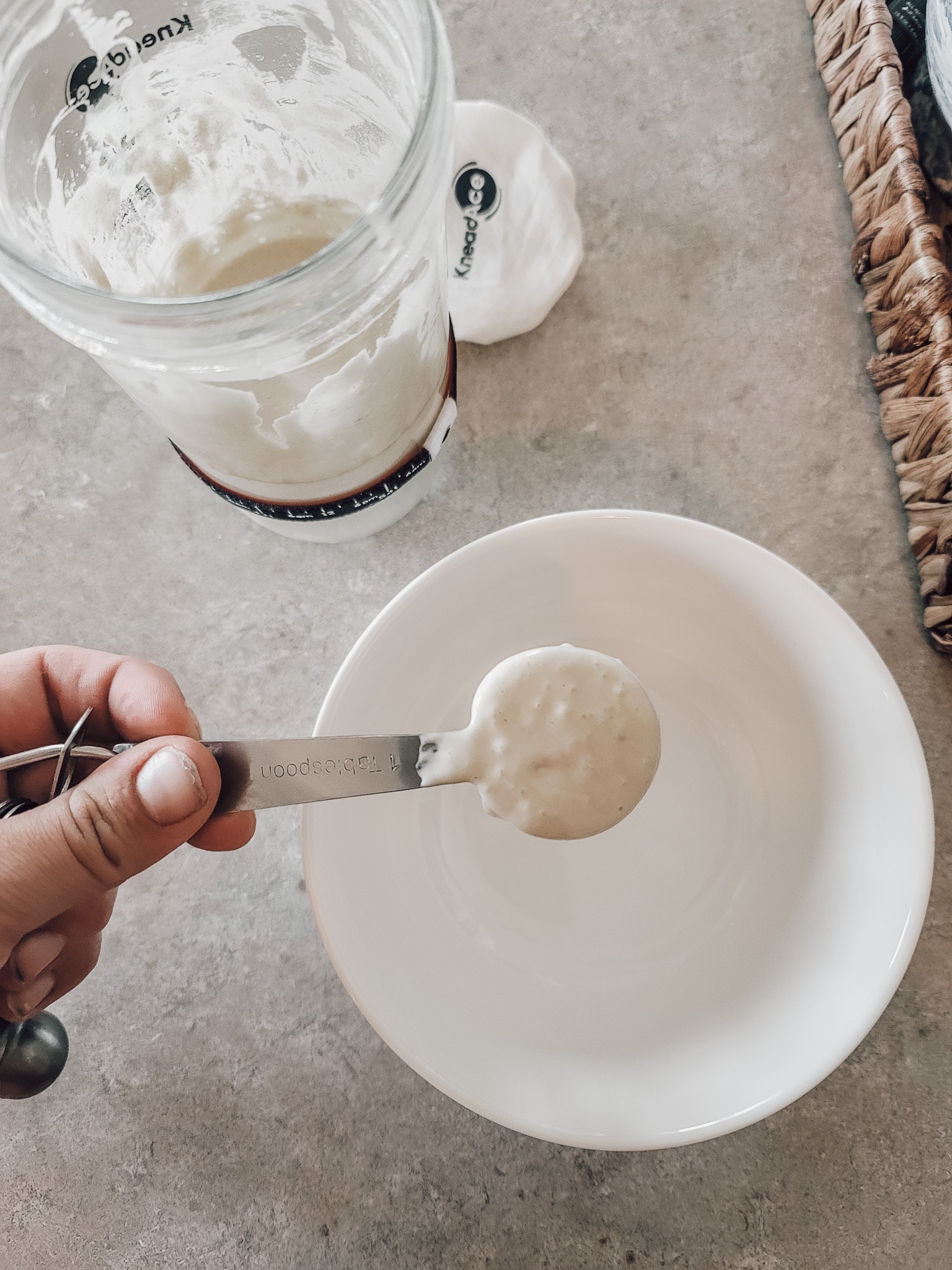 Feeding your starter - 12 hours before you mix your bread dough, make your starter. This makes roughly 1 cup of starter. Add 1 ½ tbsp of starter to a clean jar or bowl. Add ¾ cup of all-purpose einkorn flour and ½ cup filtered water. Einkorn Sourdough Bread 