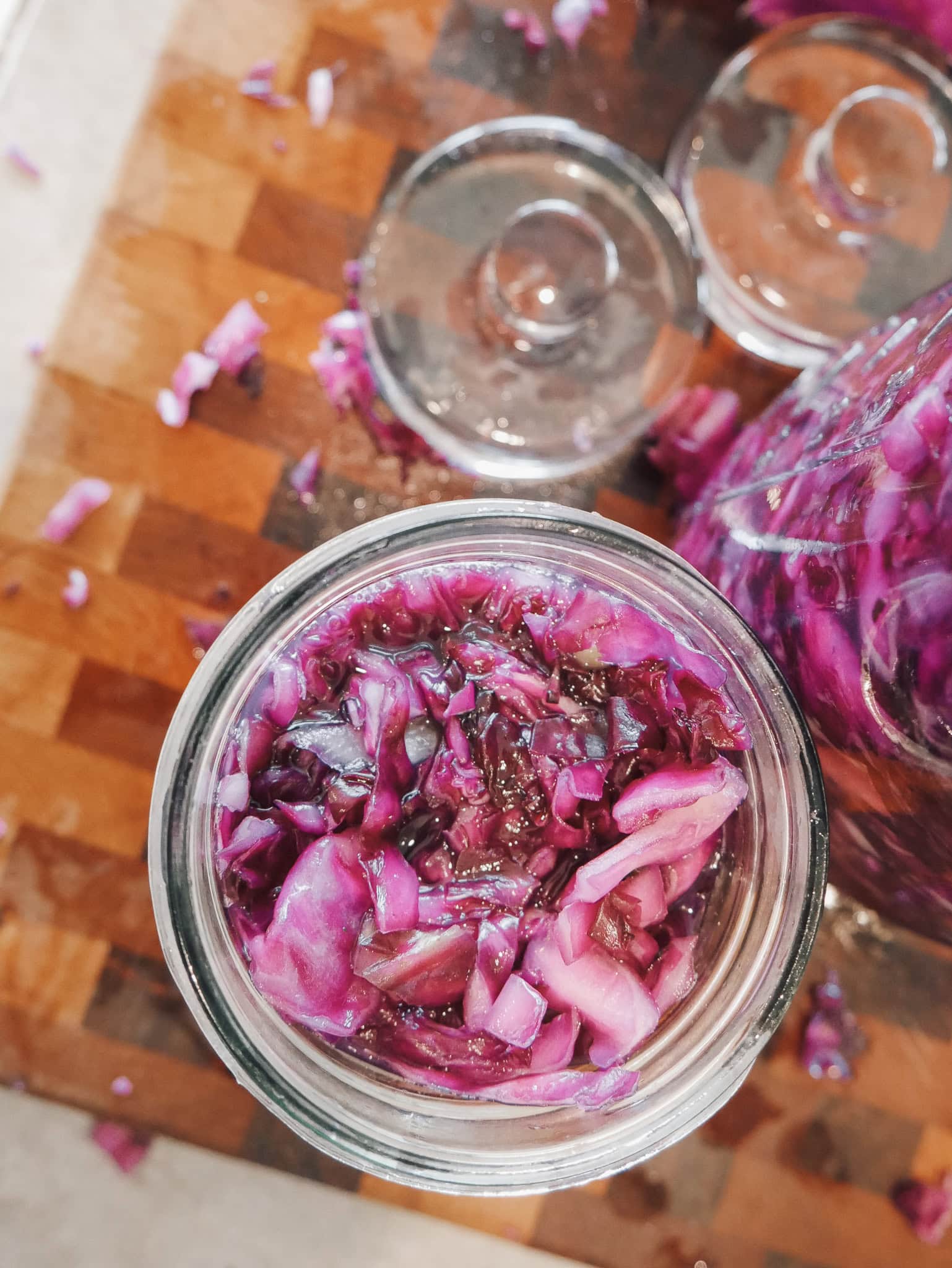 Classic Lacto-Fermented Sauerkraut- Pour any remaining brine into the jar. The cabbage should be completely submerged beneath the liquid. Place one of the reserved cabbage leaves over the top of the cabbage before adding a fermentation weight to keep everything below the brine.